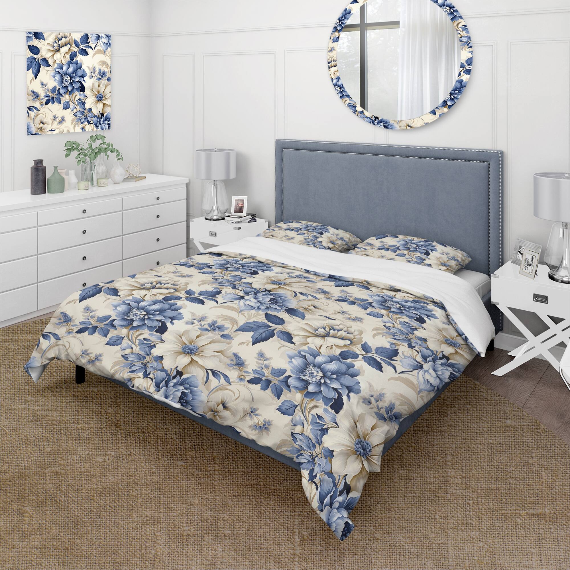 Designart "Victorian Blue And White Flowers Damask IV" Blue Damask bed